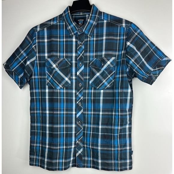 Kuhl Suncel Shirt Blue Plaid Short Sleeve Metal Button Up Outdoor Men's Medium - Picture 9 of 9